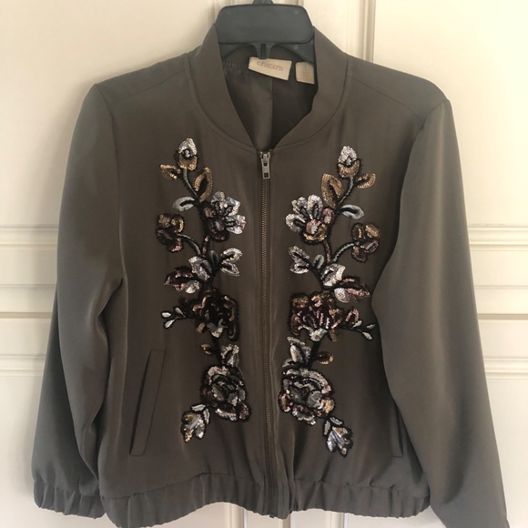 Lightweight bomber jacket.  Chico"s size 1.  Bling. Olive green. - Picture 3 of 7